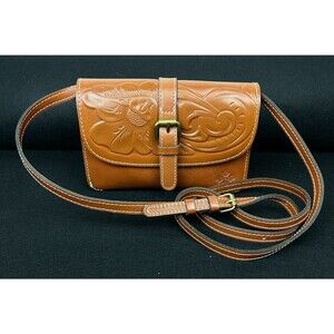 Patricia Nash Small Brown Leather Floral Embossed Cross Body Bag Purse Clutch